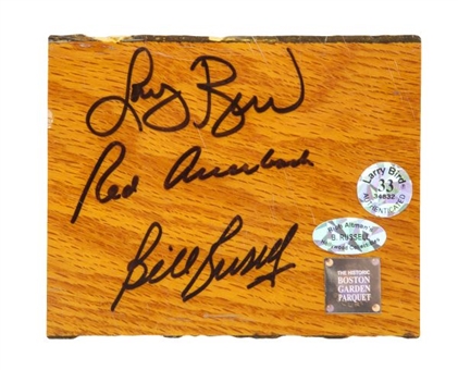 Bill Russell, Larry Bird, and Red Auerbach Signed Boston Garden Floor Piece